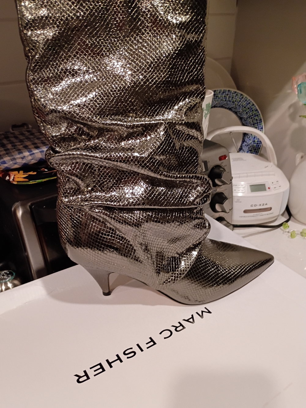 Marc Fisher Silver Metallic Snakeskin Pointed-Kitten Heel Boots